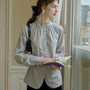 SimpleRetro Striped Mandarin Collar Blouse XS French Style Lightweight Shirt